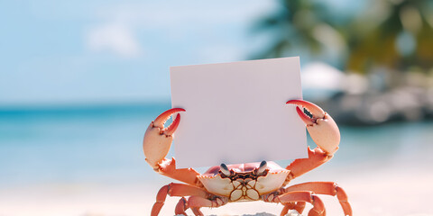 Crab holding blank sign on a tropical beach. Perfect for summer promotions, travel, or vacation announcements.  Add your text!