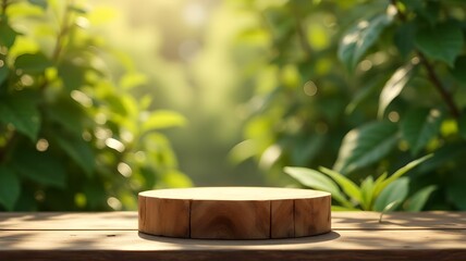 Natural wooden display stand in a lush forest during golden hour with blurred greenery in the background