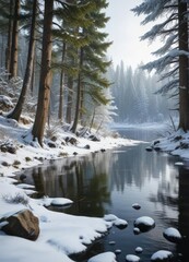 Dense forest with snow-covered trees by lake shoreline, frosty forest , forest tranquility