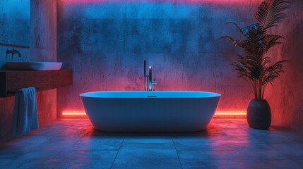 An AI-powered smart bathroom incorporates augmented reality displays to manage water temperature and smart mirrors, all within a minimalist design that uses a simple color palette, leaving room for