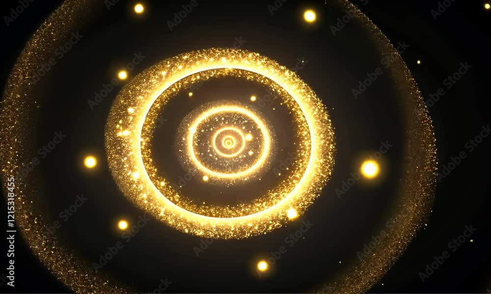 Poster pulsating golden energy rings in cosmic motion create radiant visuals with particles and sparkles
