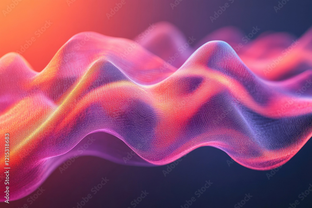 Poster abstract vibrant pink and orange wave, digital rendering of flowing particles forming a dynamic, eth