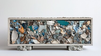 Studio shot; recycled-material console table; ceramic, stone; white background; home decor