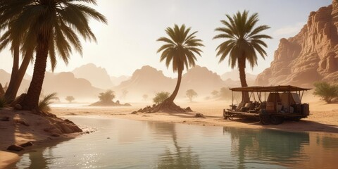 Desert oasis with sandstorm nomads resting by the water, nomads, relaxation, whirling, water, sandstorm