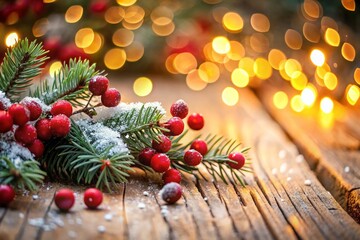Rustic Winter Holiday Scene: Wooden Board, Frosted Pine, Red Berries, Warm Lights