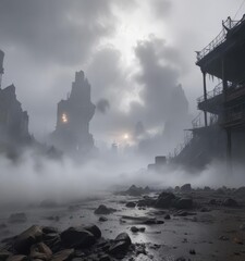 Fototapeta premium Desolate stage, shrouded in a thick layer of fog and smoke, gloomy interior, abandoned theater