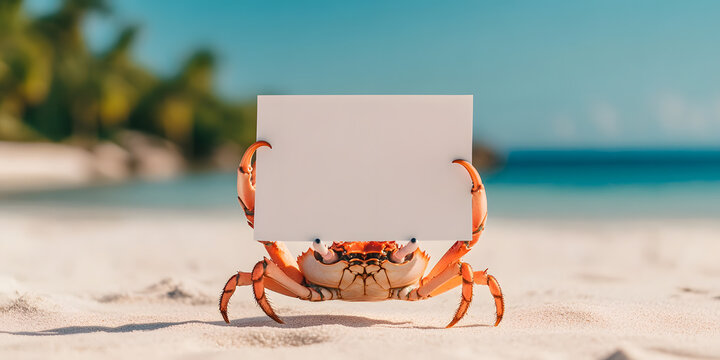 Crab on a tropical beach holding a blank sign. Perfect for summer promotions or travel advertisements.  A fun, quirky image!