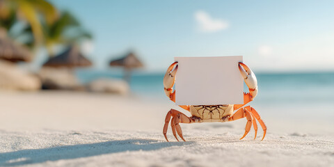 Crab holding a blank sign on a tropical beach. Perfect for your summer message or advertisement.  A unique and eye-catching image!