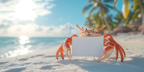 Crab on a tropical beach holding a blank sign. Perfect for summer vacation, travel, or advertising promotions.  A vibrant image with a fun, quirky feel.