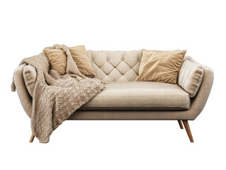 Isolated Beige Sofa with Cushions and Blanket