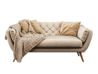 Isolated Beige Sofa with Cushions and Blanket
