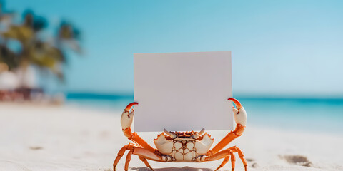 Crab on a tropical beach holding a blank sign. Perfect for summer promotions or travel advertising.  A cute and quirky image!