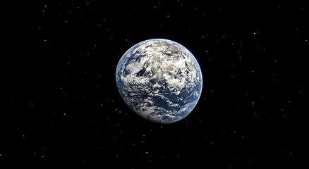 Obraz premium The Earth, a planet with a blue-glowing star, the sun, shining in the dark space background, viewed from above. 