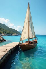 Obraz premium Vintage sailboat gently rocking at weathered dock, vibrant blue sea , boat, nature, beautiful