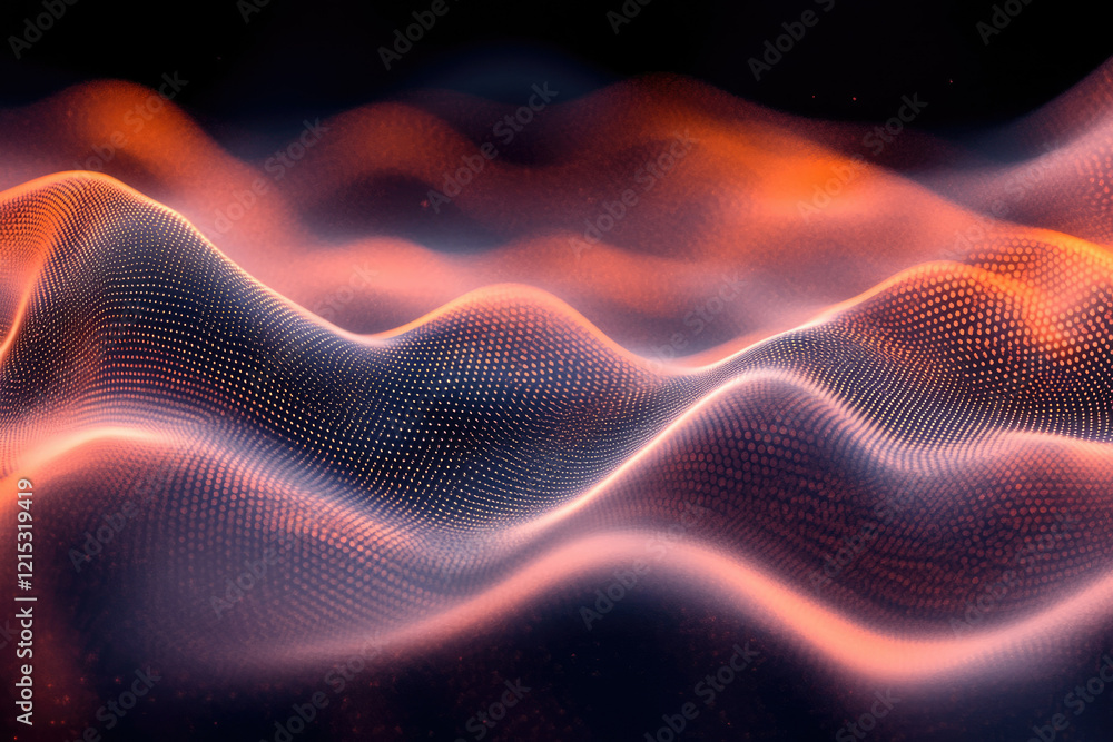 Poster abstract orange and dark background with wavy particle texture, glowing digital landscape.