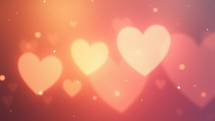 Blurred glowing hearts in pastel pink, gold, and cream tones on a warm gradient background, with glitter and light orbs creating a dreamy, romantic bokeh-inspired design.