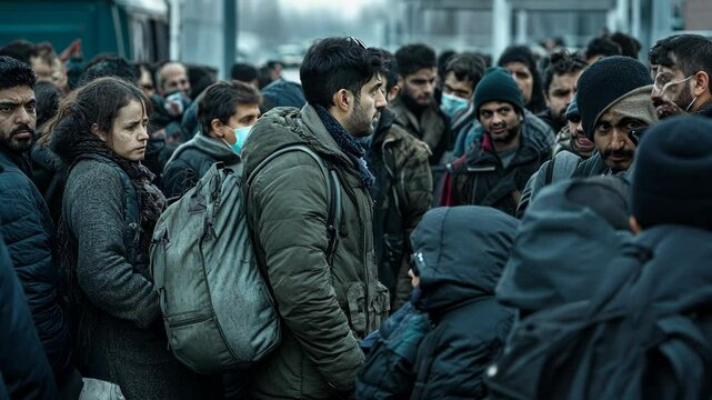 Crowd of people waiting at a transportation hub in cold weather during an ongoing humanitarian crisis