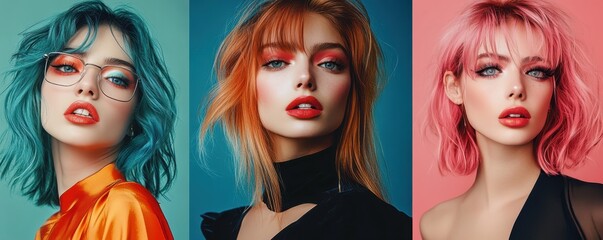 Fototapeta premium Portrait photography, fashion models, vibrant hair colors, teal blue, orange, pink hair, striking makeup, bold lipstick, intense gazes, studio lighting, triptych composition, high contrast, dramatic s