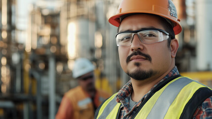 Fototapeta premium copy space, hispanic worker with safety vest and hardhat on an industrial site, chemical plant, face visible, other workers in background. Hispanic engineer with hardhat on chemical factory, latin wor