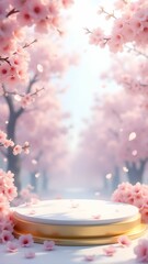 A podium of cherry blossom trees surrounds the platform, with petals falling softly in a tranquil setting.