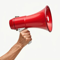 handheld megaphone, blue and red colors, white handle, loud speaker, amplification device, announcement tool, hand holding, closeup view, isolated on white background, detailed rendering, photorealist