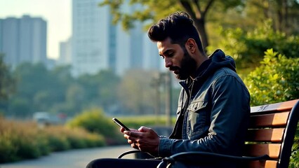 Man using smartphone in a park, urban background - Powered by Adobe