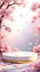 A podium of cherry blossom trees surrounds the platform, with petals falling softly in a tranquil setting.
