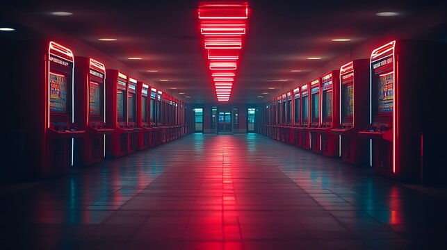 Neon Lit Arcade Corridor With Rows Of Slot Machines