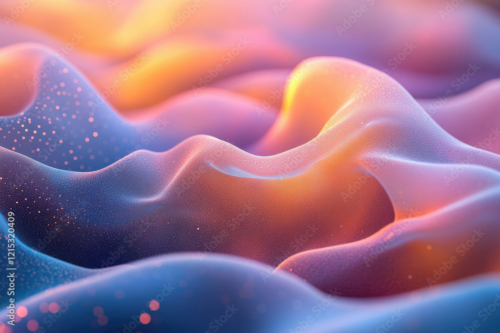 Poster Abstract 3D render of pastel-colored, flowing waves with sparkling particles.