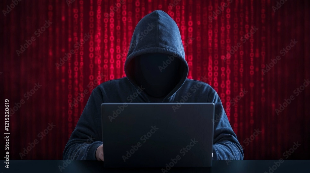 Aufkleber a mysterious figure in a hoodie sits before a laptop, set against a backdrop of red digital code, em