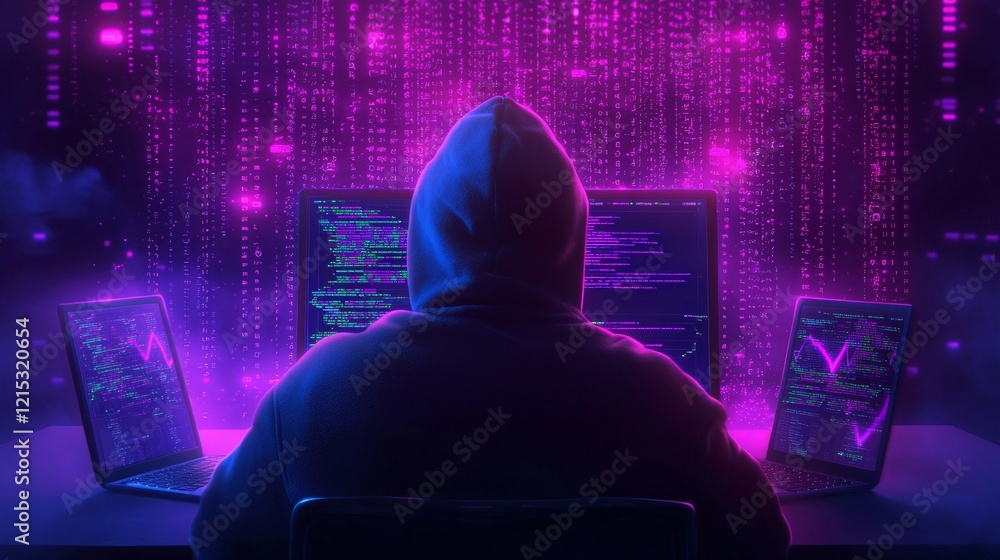 Poster a hooded figure sits in front of multiple monitors, surrounded by cascading digital code in vibrant 