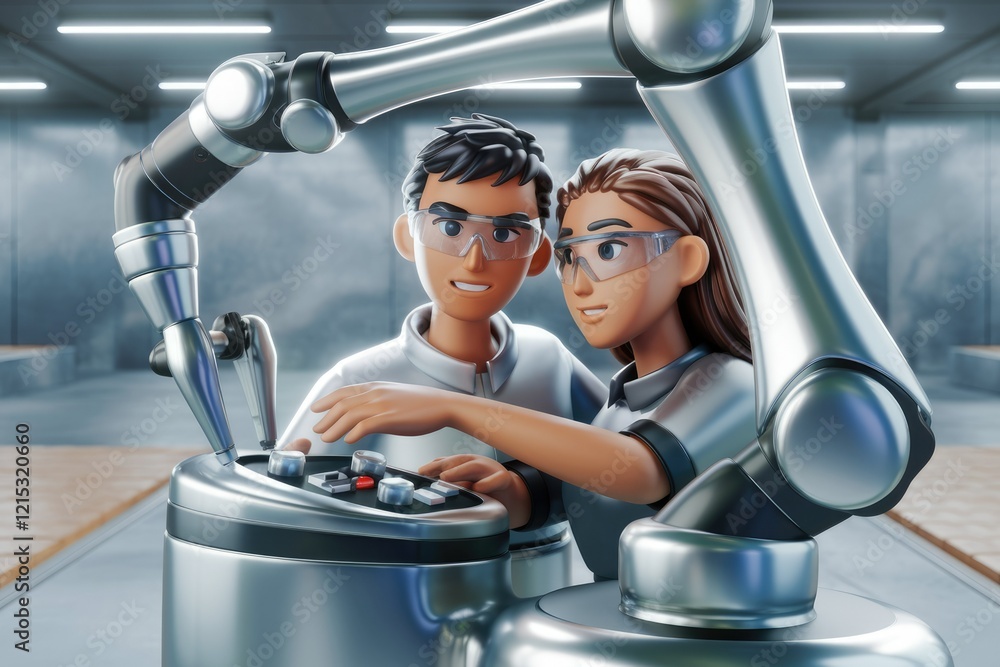 Poster two young scientists operate a robotic arm in a futuristic lab setting, showcasing advanced technolo