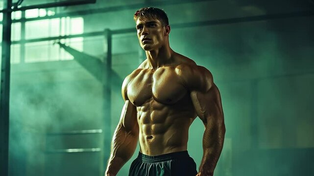 Muscular man gym,intense workout.lifting weights,focused expression.Athlete trains hard,honing physique.Fitness enthusiast pushing limits indoors.Atmosphere concentrated effort.
