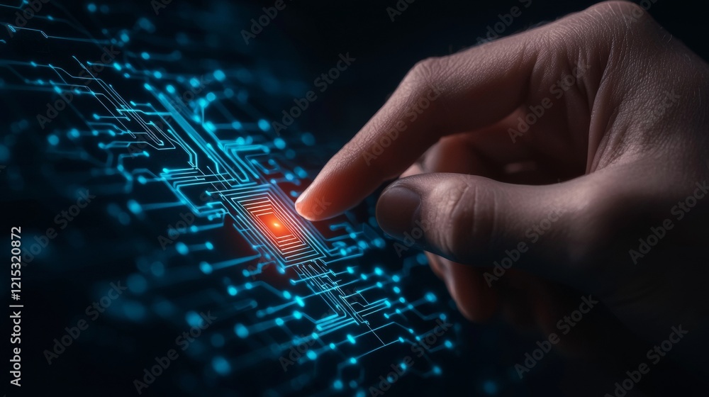 Poster a hand is pressing a glowing element on a blue circuit board, symbolizing technology and interaction