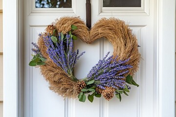 A heart-shaped wreath made with dried straw, lavender, and pinecones, hanging on a white door.