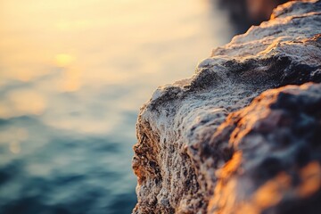 Golden sunset illuminates a rugged cliff face overlooking a calm, blue ocean.