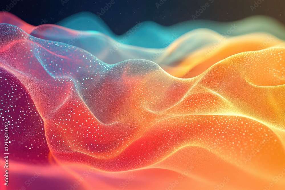 Aufkleber Abstract background with flowing, vibrant, orange and teal wave patterns, shimmering with tiny particles.