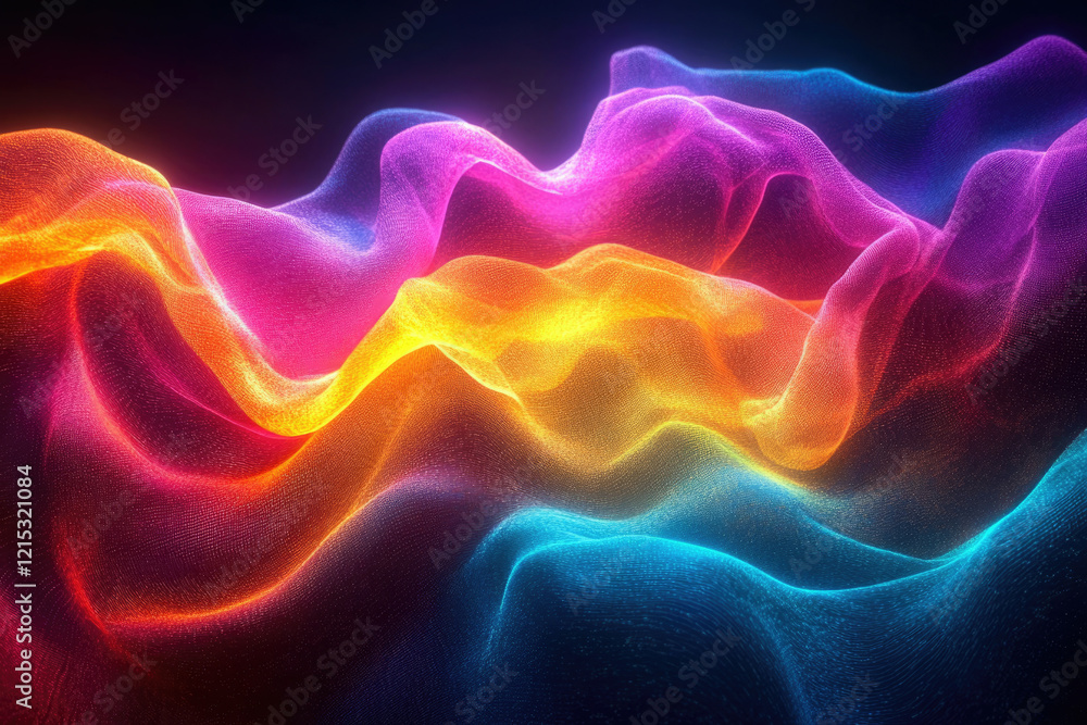 Poster abstract vibrant waves of light and color, a digital art piece showcasing dynamic flowing forms.