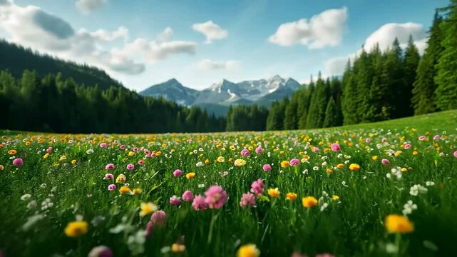 Colorful wildflowers bloom in a lush meadow against a backdrop of mountains and pine trees, perfect for spring and Earth Day themes