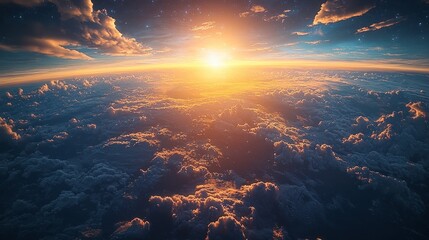 Stunning sunset view from above the clouds, showcasing vibrant colors and celestial details.