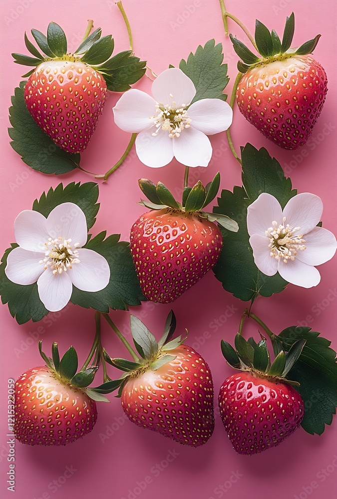 Poster fresh strawberries and blossoms on vibrant pink background for artistic display : generative ai