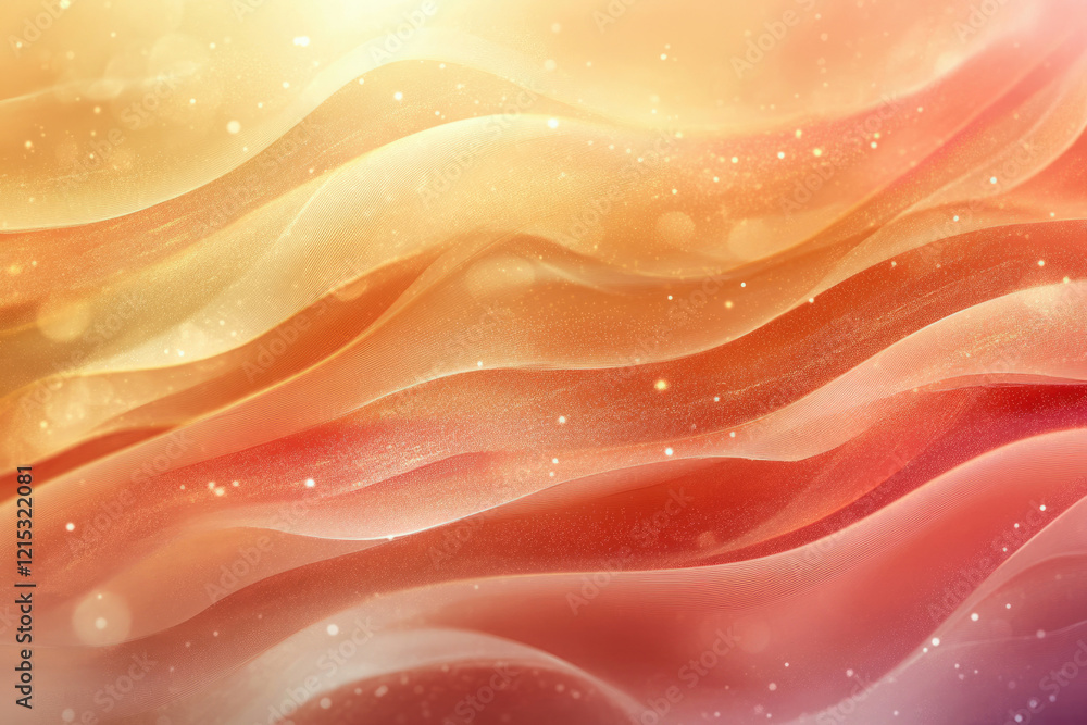 Poster Abstract background with golden and red wavy fabric texture and sparkling particles.