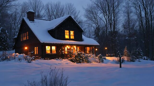 Winter holiday scene with a key hanging from a snow covered tree branch, a cozy private house illuminated in the background. Real estate, moving home or renting property concept.