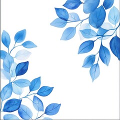 Watercolor Painting of Blue Leaves on White Background