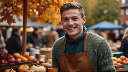 Joyful male barista serving pumpkin spice beverages at a charming autumn market surrounded by colorful fall produce and lively customers