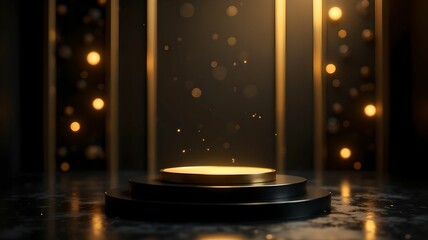 Stage illuminated by warm golden light with sparkles during an evening performance