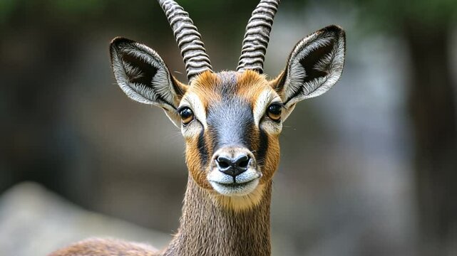 A close-up portrait of a majestic impala buck, a graceful antelope with long, curved horns, stands alert in the African savanna