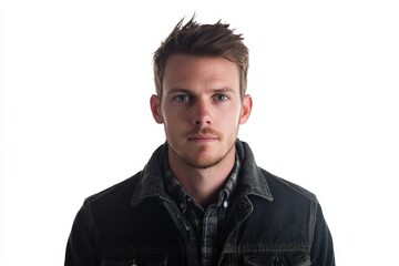 Confident Young Man in Casual Attire Against a White Background