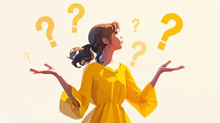 woman in blue pants, black blazer, and white shirt, holding her hands out in question, with floating question marks above her on a pure white background