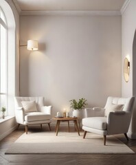 Empty white wall in a cozy reading nook with plush armchairs and floor lamps, armchair, floor lamp, wooden frame